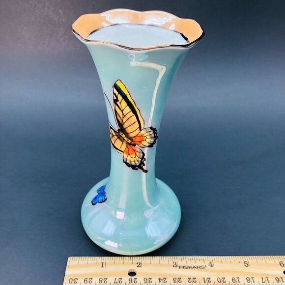 Art Deco Era Noritake Morimura Bud Vase Turquoise Peach Lustreware Butterflies - Picture 12 of 13